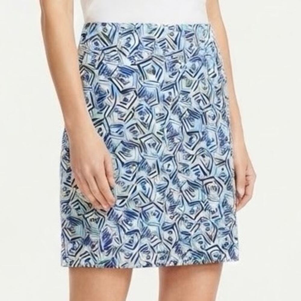 Talbots Blue Multi Geometric Print Stretch Cotton A-Line Mini Skirt Size 8